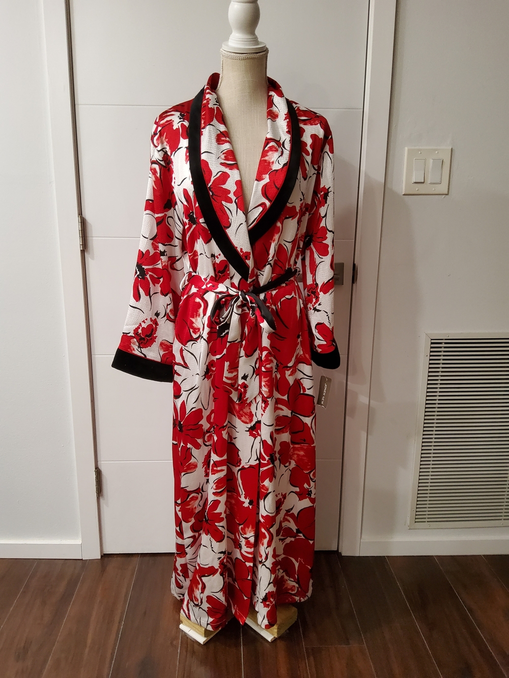Floral Satin Long Robe with Black Trim - Red/White